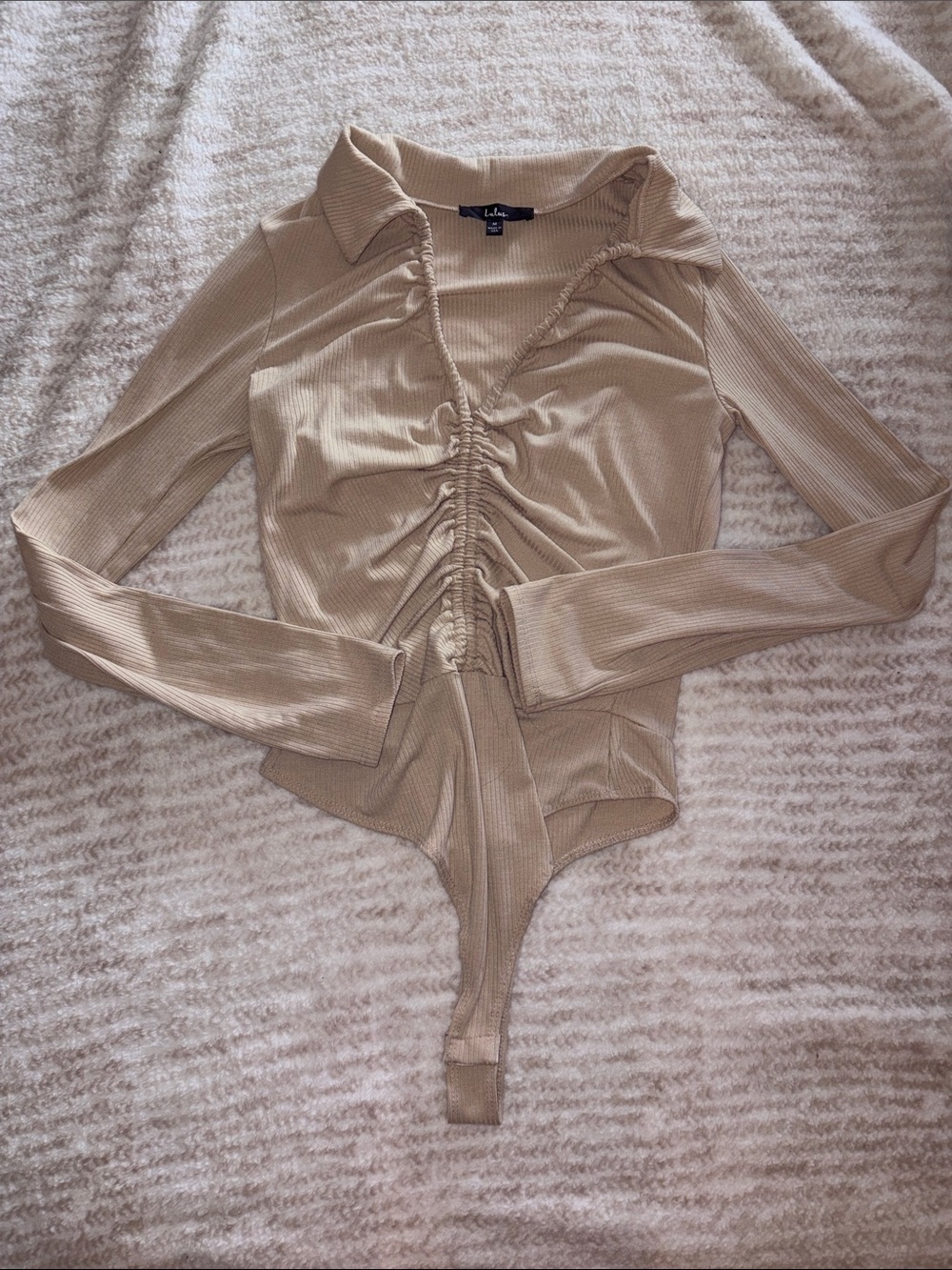 Lulu's Taupe Ribbed Ruched Collared Long-Sleeve Bodysuit